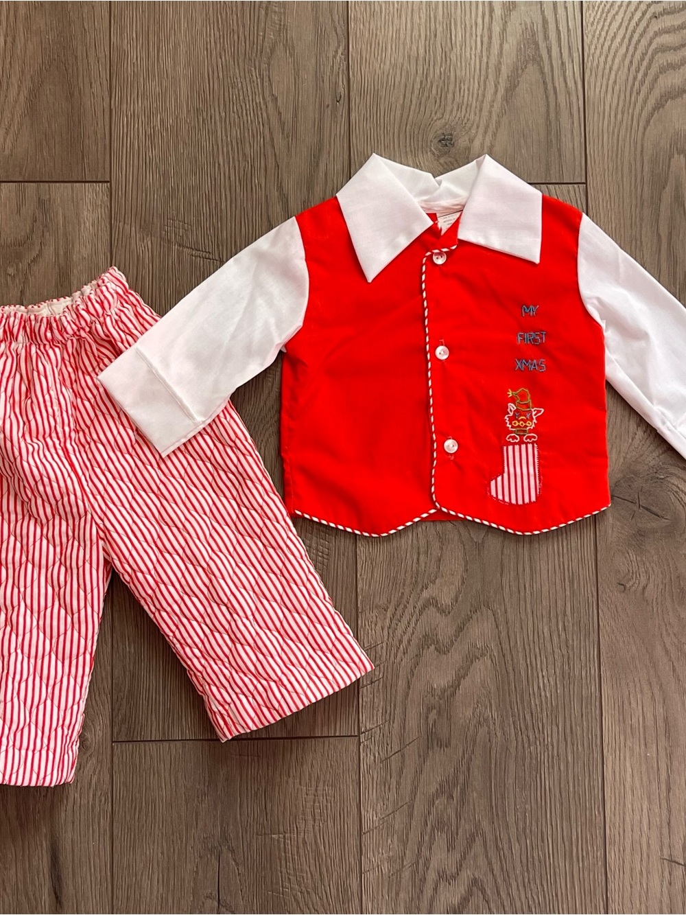 Vintage Red White My First Christmas Embroidered 12m Baby Boy Shirt Pants Set